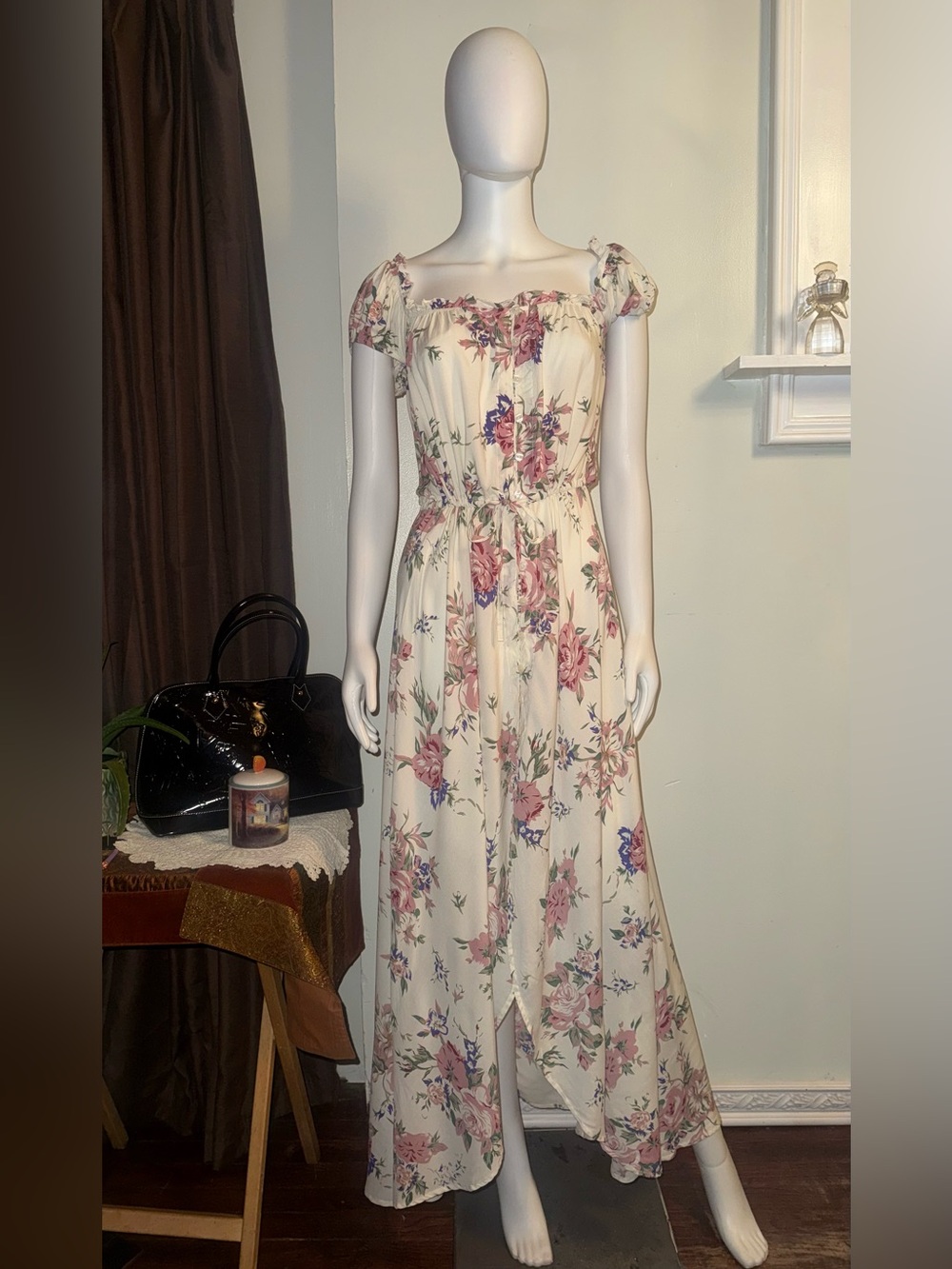 Auguste The Label Cream Floral Puff Sleeve Maxi with Pink & Purple Blooms